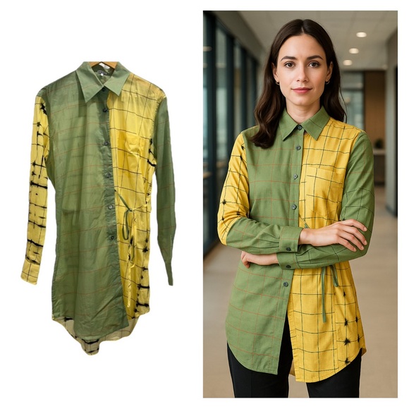 LOEWE Check Wrap Shirt Blouse Green Yellow Plaid Tunic IT 40 US 4 Cotton Silk - Picture 1 of 12
